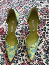 Vintage Manolo Blank Green Floral Brodcade D'Orsay Heels Sz EU39/US8.5 picture