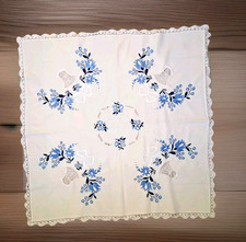 Vintage 35x35 Square Blue Floral Embroidered Table Topper Cloth Lace Border  picture