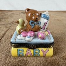 Vintage Porcelain Baby Teddy Bear Trinket Box Limoges Style Hinged Keepsake picture