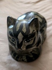 Vintage Seymour Mann Ceramic Porcelain Black Brown Tabby Cat Dish Figurine picture