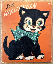 HALLOWEEN Vintage 1950's KING SIZE Norcross Greeting Card BLACK CAT Ghost Pop-Up picture