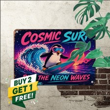 Retro Penguin Surfer Cosmic Sunset Tin Sign Funny Tropical Beach Wall Art picture