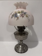 Antique Rayo Nickel Plate Oil Lamp w Vintage Milk Glass Decorated Shade picture