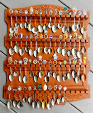 Vintage Wooden Spoon Rack 64 Slots With 60 Souvenir Spoons Some Silver Plate picture