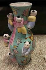Vtg Fertility Qinghua Vase, Ceramic Butterflies and Climbing Children 10