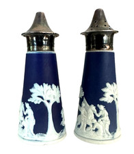 Antique English Cobalt Blue Jasperware Salt & Pepper Shakers EPNS Tops Pegasus picture
