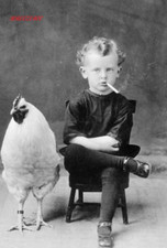 Odd Vintage Photo/Strange/1920's BOY SMOKING CIGARETTE WITH CHICKEN/4x6 B&W Rpt. picture