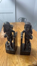 Vintage Hand-Carved Wooden Bookends with Indigenous Figures picture