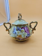 VINTAGE HAND PAINTED NIPPON  PINK YELLOW ROSES SUGAR BOWL GOLD TRIM picture