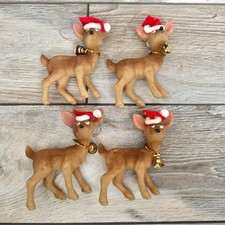 Vintage Flocked Deer Christmas Ornaments Googly Eyes Santa Hat Lot of 4 Read picture