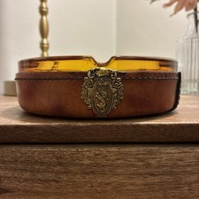 VTG Rare Mid-Century Dark Amber Glass Cognac Leather Bound Ashtray W/ Lion Crest picture