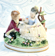 #2 UnterWeissBach Germany Figurine Boy & Girl  Dresden Lace Skirt 4 1/4
