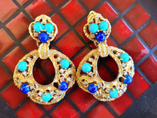 Rare JOMAZ Jewels of India XL Clip Earrings Faux Turquoise Lapis R/stn  Hvy 50g+ picture