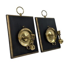 Vintage Dark Academia Black Wood Square and Solid Brass Candle Wall Sconces Pair picture