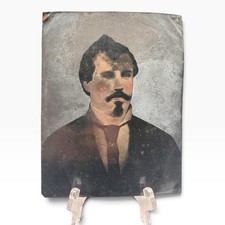 Antique Hand Colored Tintype | Blue Eyes Mustache & Goatee Portrait | 8.5x6.5 picture