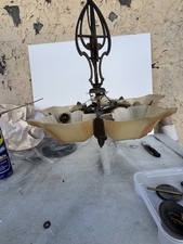 1930s Solid Bronze Art Deco 5 Light Slip Shade Hanging Fixture Read Description picture
