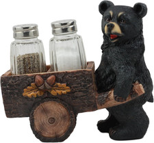 Ebros Woodlands Spice Delivery Black Bear Pushing Vintage Wagon Cart Salt and Pe picture