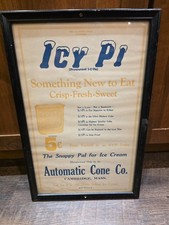 Vtg Original 1920s ICY PI Ice Cream Sign Framed Automatic Cone Co Cambridge MA picture