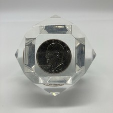 Vintage Eisenhower Dollar 1977 Coin in Diamond Acrylic Paperweight - W19 picture
