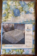 Vtg Full Bedspread 1960s 1970s Springmaid Blue GARDENS Fringe Mid Mod MCM NEW picture