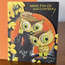 Vintage 1950s Halloween Greeting Card • A Gibson Smile Card Owl Bat Big Eyes picture