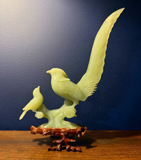 Vintage Chinese-Style Green Jade/Serpentine Bird Sculpture on Carved Wood Stand picture