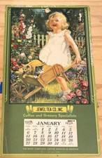 Vintage 1935 JEWEL TEA CO. Coffee & Grocery Specialist CALENDAR Girl Cats Cart picture