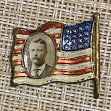 RARE Theodore Roosevelt Portrait on US Flag Campaign Pinback Button (Missing)  picture