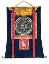 OM MANTRA MANDALA ORIGINAL BLACK N GOLD TIBETAN THANGKA PAINTING WITH SILK FRAME picture