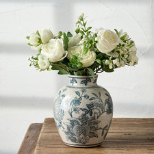 Ceramic Chinoiserie Floral Vase | 6.3 Inch Blue and White Vintage | Retro Ice Cr picture