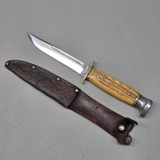 Vintage KA-BAR USA Stag Handle Bird Trout Fixed Blade Hunting Knife Sheath picture