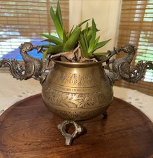 Super RARE VTG Brass Hand Engraved Cachepot Phoenix Garuda Handles Footed Bowl picture