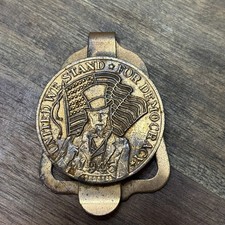 Vintage 1945 WWII Uncle Sam Copper Money Clips - United We Stand for Democracy picture