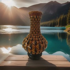 Vtg Japanese Ikebana Flower Vase Woven Lacquered Bamboo Hanakago Liner Wood Base picture