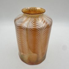 Antique Signed Quezal Gold Pulled Feather Shade Rare Cylindrical Form 6.5” picture