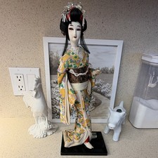 Vintage Style Japanese Geisha Doll 16” Floral Kimono Hair Ornaments Wood Base picture