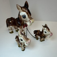 Vintage 1950s Japan Ceramic Donkey Family Mama 2 Babies Chain MCM Kitsch 1950’s picture