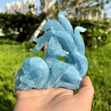 405g TOP Natural aquamarine quartz crystal carved fox skull healing gift picture
