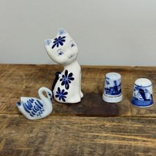 Vintage Delft Blue Porcelain Miniature Lot Cat Swan 2 Thimbles Hand Painted Mini picture