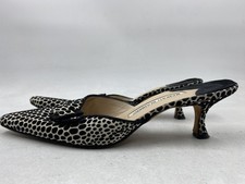 Manolo Blahnik Cream Black Spotted Buckle Pointed Toe Kitten Heel Mules Size 37 picture