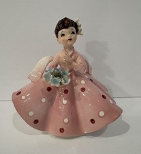 Vtg Lefton Springtime Brunette Bridesmaid Flower Girl Pink Polka Dot Dress Bow  picture
