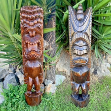 2 Set Hawaiian Tiki God Half Statue Ku & Kane  inch Tiki Bar Decor  39