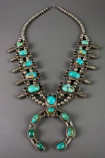 LARGE HEAVY OLD Vintage Navajo Sterling Silver Turquoise Squash Blossom Necklace picture