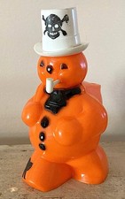 Vintage Halloween ROSBRO Orange SNOWMAN w/ White Hat and Pipe - CANDY CONTAINER picture