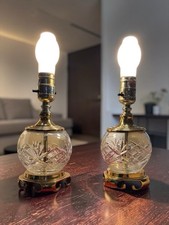 Vintage Hollywood Regency Cut Crystal Brass Table Lamps Pair Set Small Accent picture