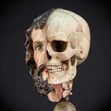 Memento Mori 18th C | Christ and Death 1700s Wooden Double Skull Face | 16.9” picture
