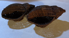 Two Vintage Unique Wicker Rattan Woven Baskets Seashell Shape  Brown  picture