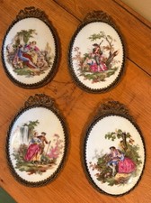 Vintage Filigree Framed Porcelain Courting Couple Victorian Set Of 4  5.75” Tall picture