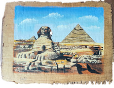Signed Egyptian Papyrus Painting Sphinx Pyramids Giza Blue Sky Egypt Art picture