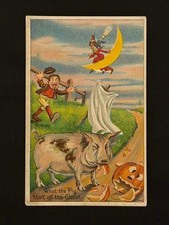 Vintage Halloween Postcard Embossed Pig Ghost Witch Moon German 1900s picture